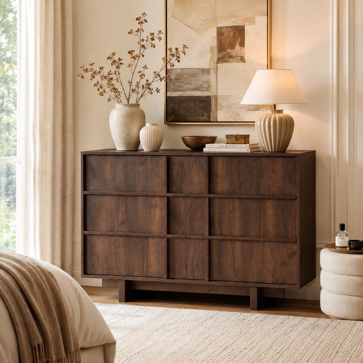 Wetalus 47" Mid Century Modern 6 Drawer Dresser, Skeleton Line, Walnut