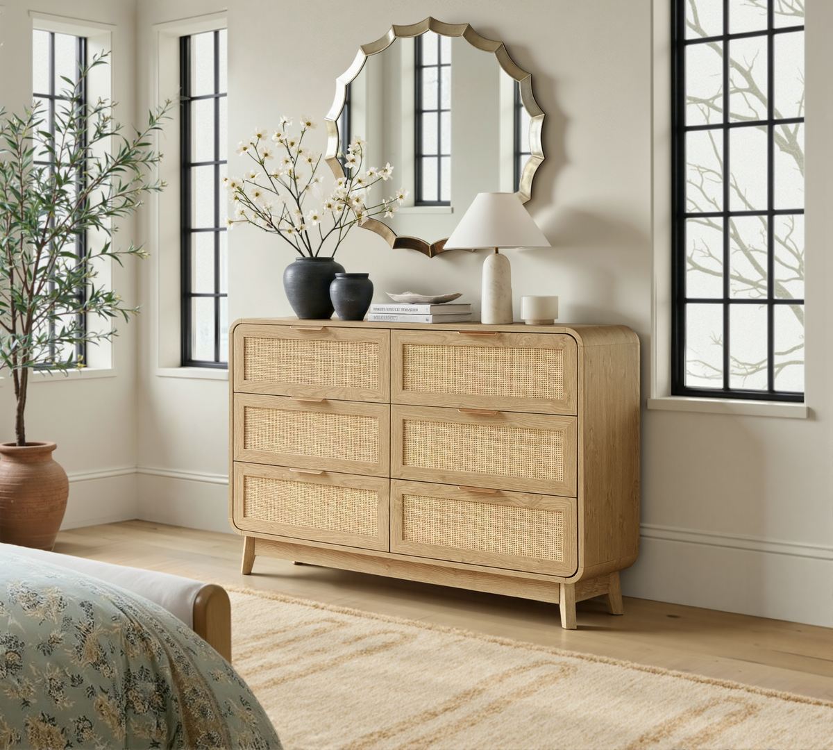 Oak Rattan 6 Drawer dresser –Boho chic dresser
