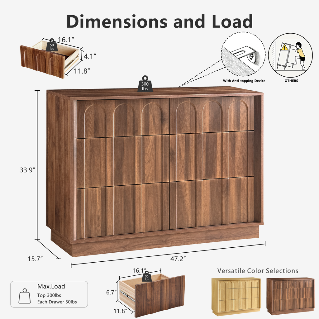 Wetalus 6-Drawer Mid-Century Modern Dresser with Ample Storage, 47", Walnut