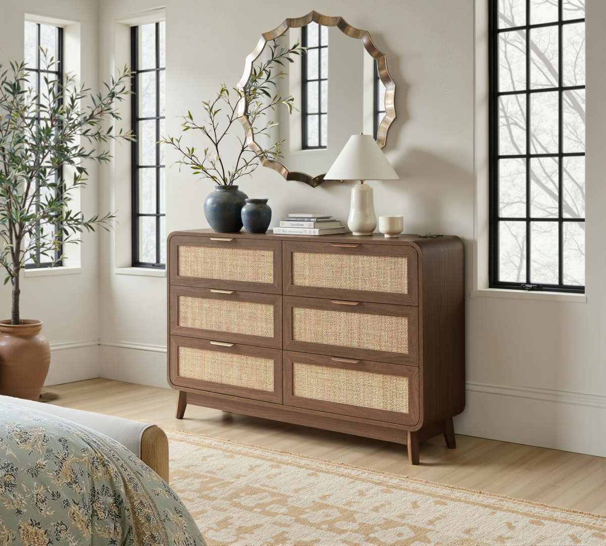 Walnut Rattan 6 Drawer dresser – Boho chic dresser