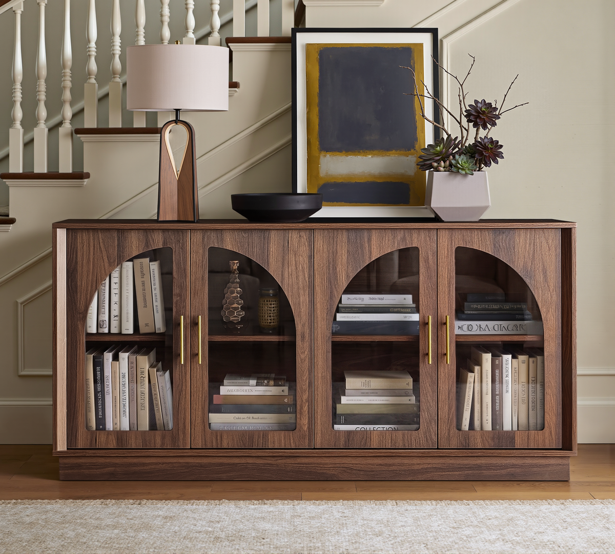 Wetalus 64.1" Sideboard Buffet Cabinet with Arched Glass Doors,1 Adjustable Divider, Walnut