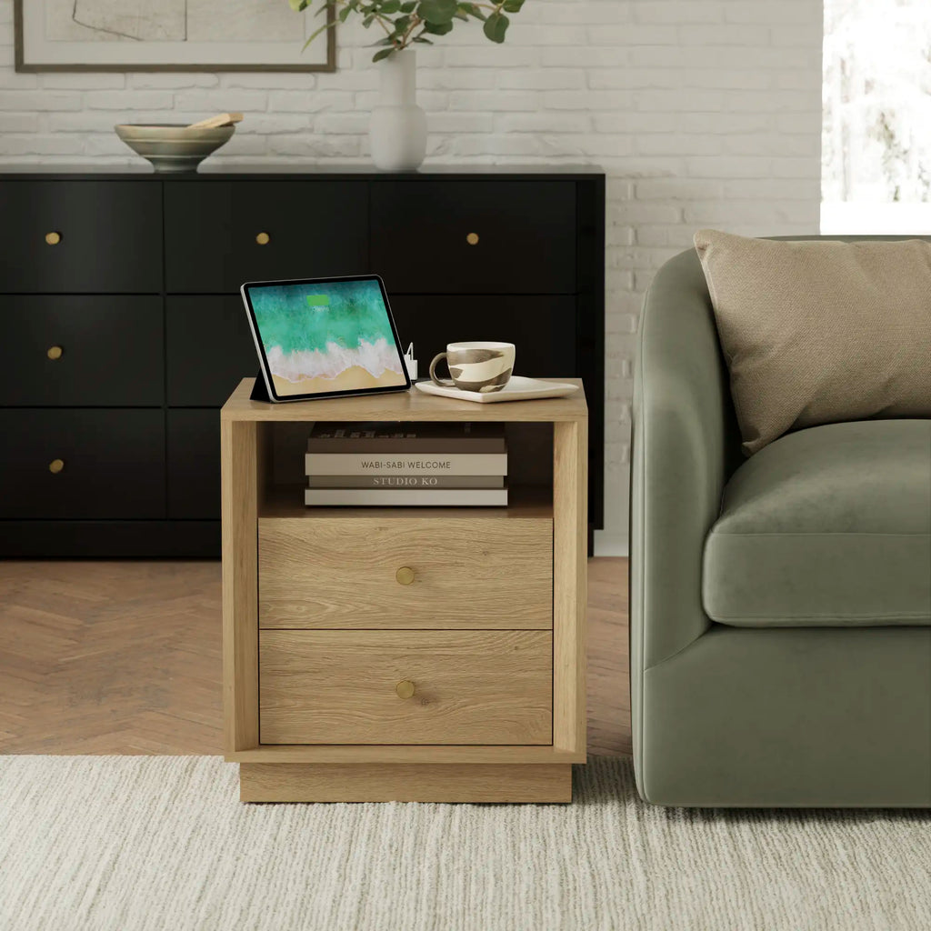 Mid-Century Modern Goak Nightstand with Beveled Edges