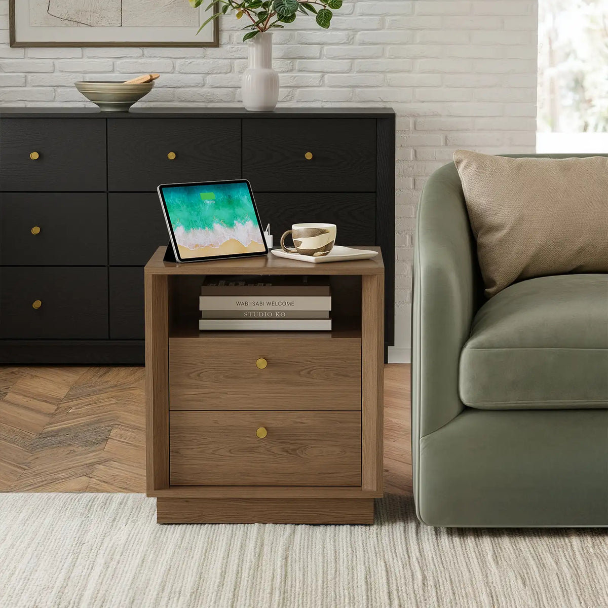 Mid-Century Modern Walnut Wood Nightstand with Beveled set 2