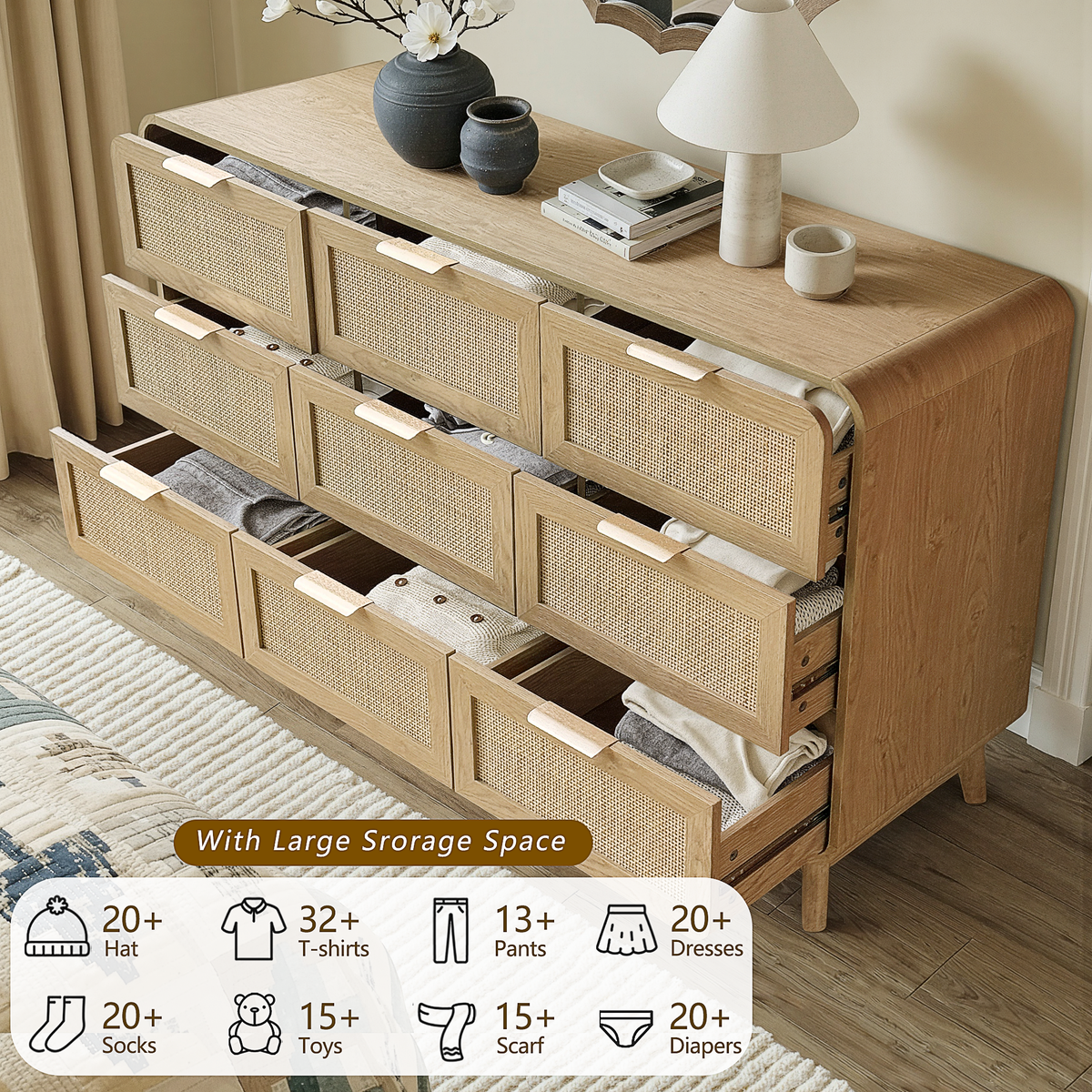 Oak Rattan 9 Drawer dresser – Boho chic dresser