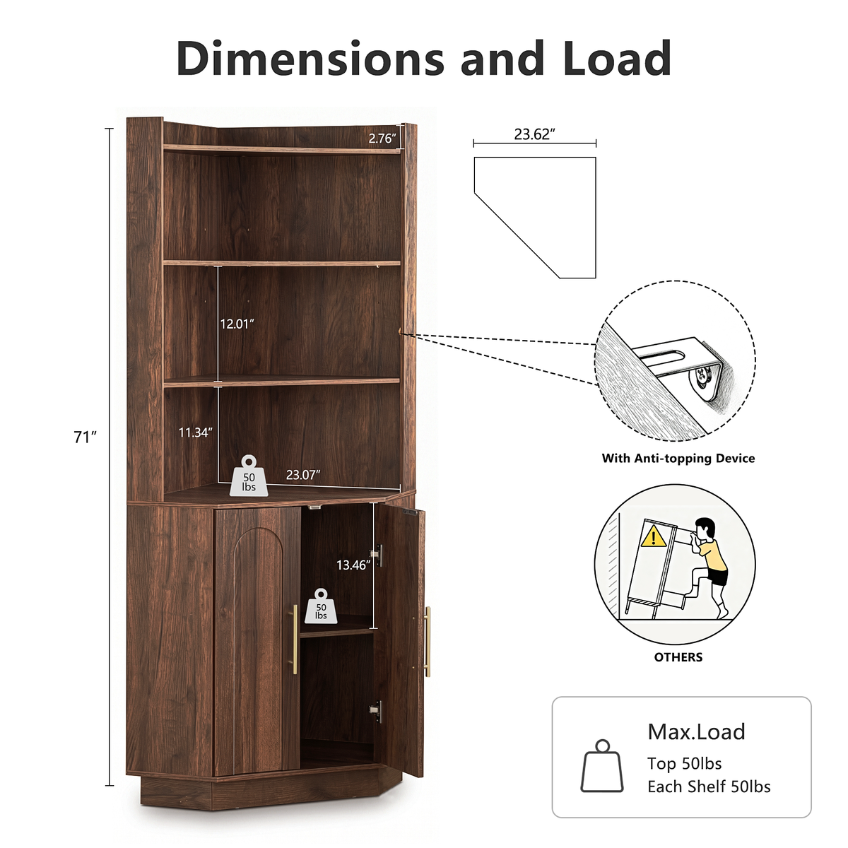 Wetalus 71" Corner Cabinet with Storage, Mid Century Modern, Arched Doors, Walnut
