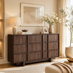 Wetalus 55.1" Mid Century Modern 9 Drawer Dresser, Skeleton Line,Walnut