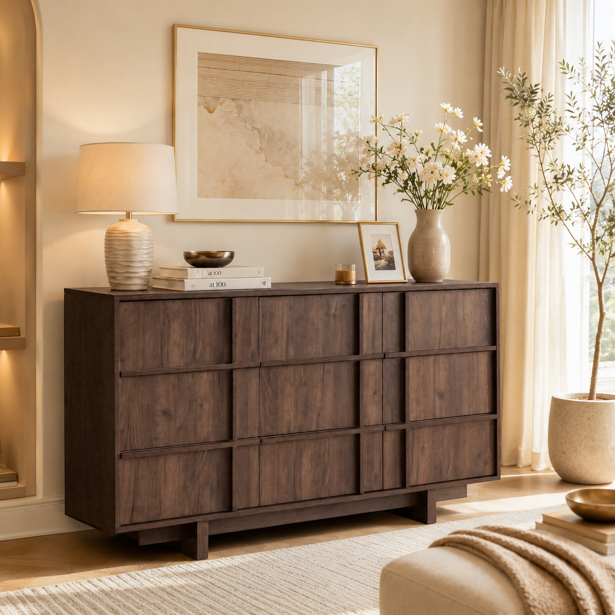 Wetalus 55.1" Mid Century Modern 9 Drawer Dresser, Skeleton Line,Walnut