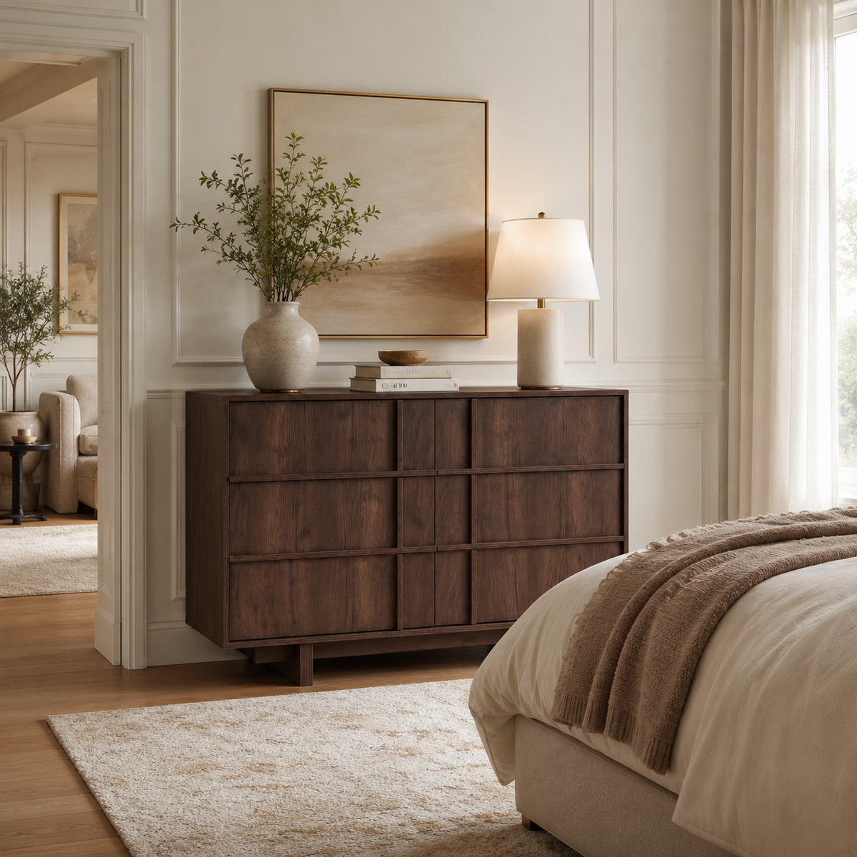 Wetalus 47" Mid Century Modern 6 Drawer Dresser, Skeleton Line, Walnut