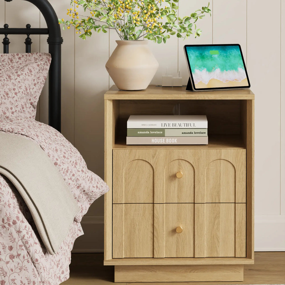 Mid-Century Oak Wood Arch Nightstand with Drawers