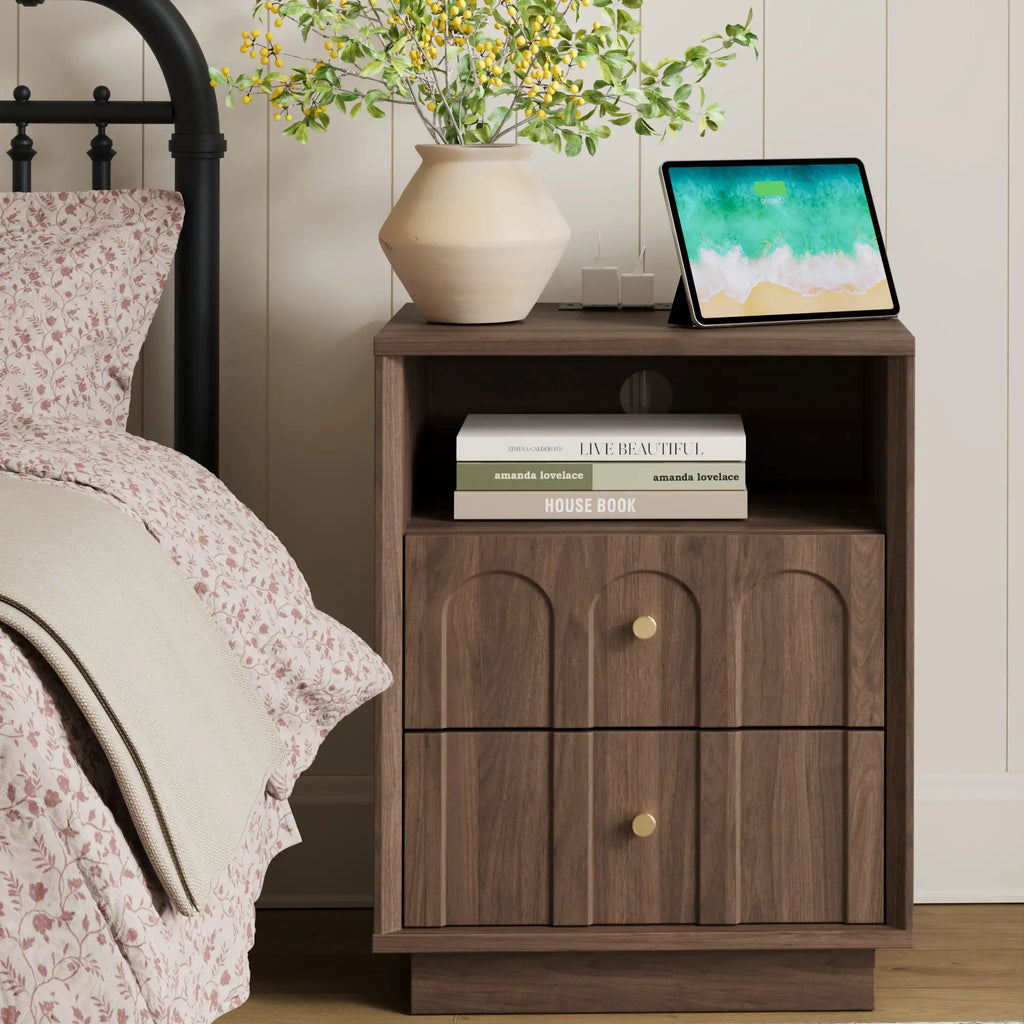 Mid-Century Walnut Nightstand with Arch Design Set 2