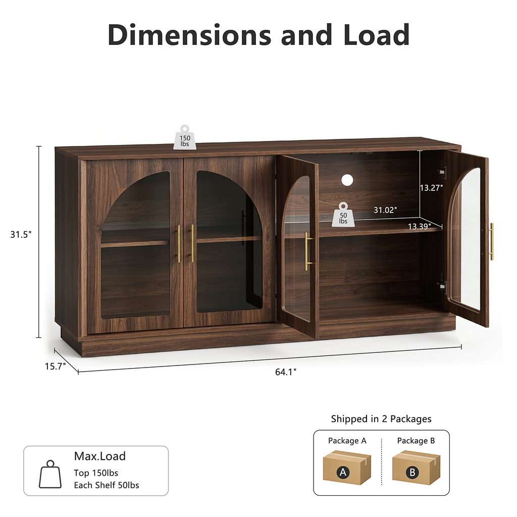 Wetalus 64.1" Sideboard Buffet Cabinet with Arched Glass Doors,1 Adjustable Divider, Walnut