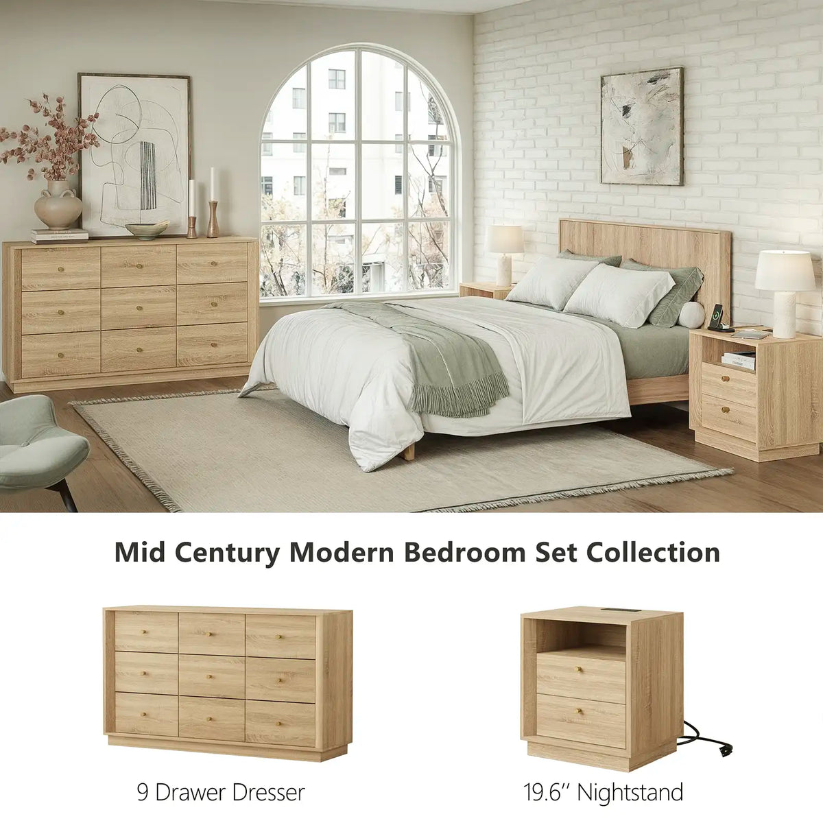 Mid-Century Modern White Oak Nightstand with Beveled Set 2