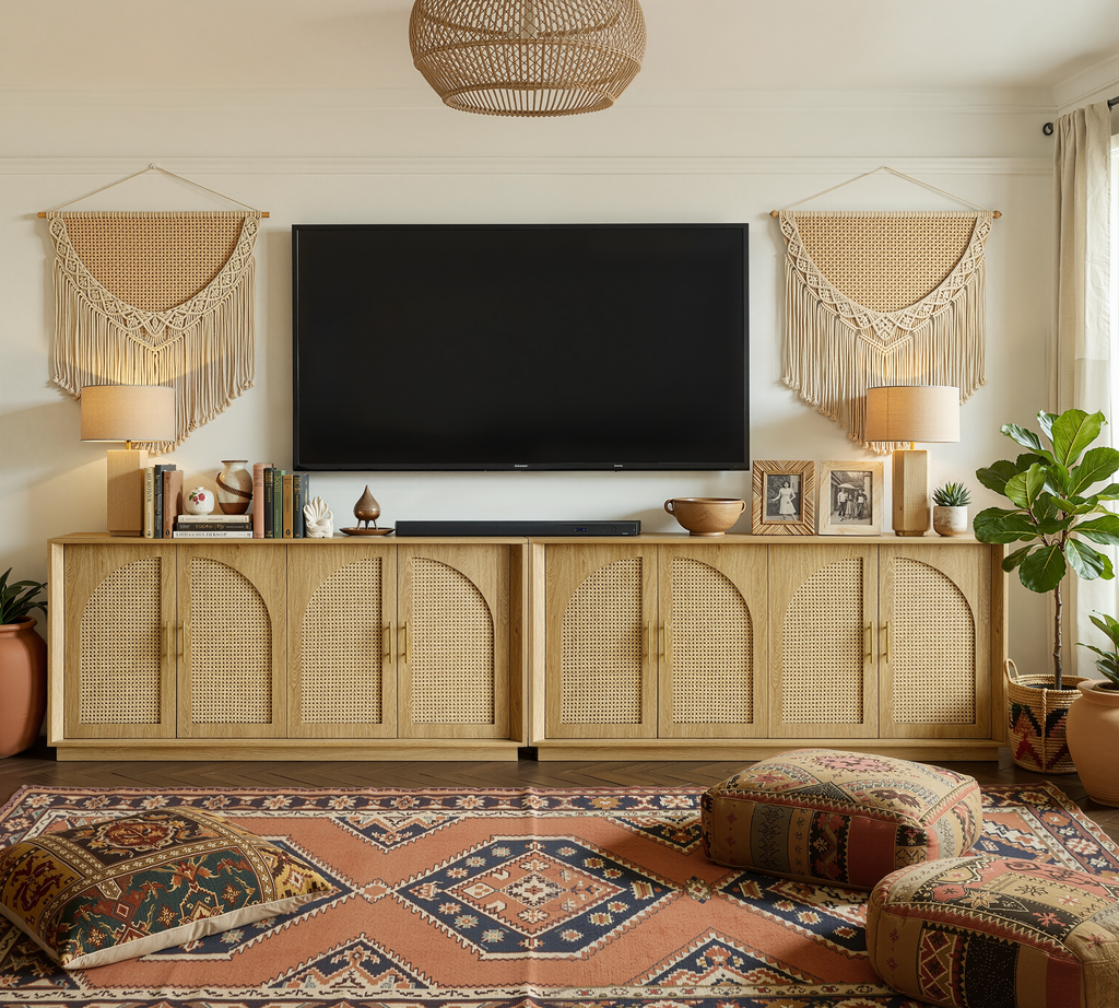 63" 4 Rattan Sideboard - Oak Natural for Dining Room & Living Room