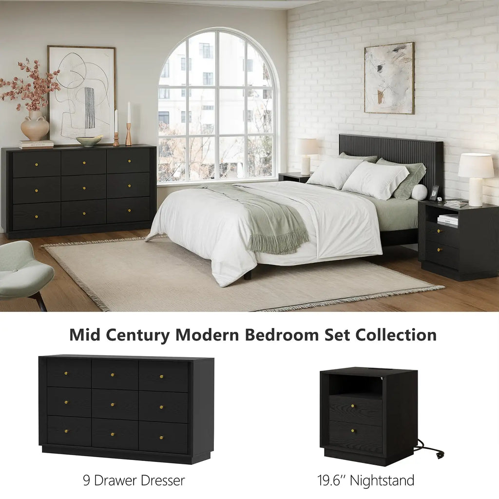 Mid-Century Modern Black Wood Nightstand with Beveled