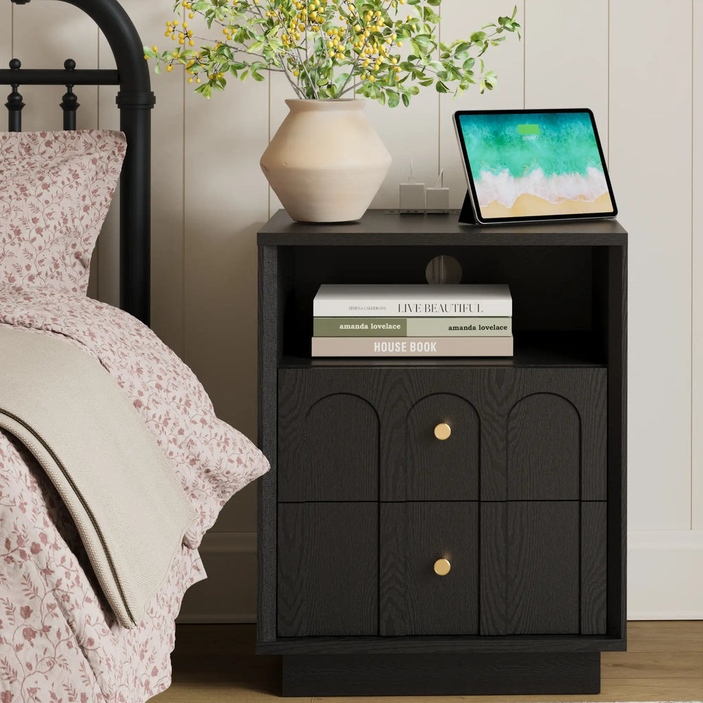 Wetalus Mid-Century Black Wood Arch Nightstand with Drawers