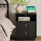 Wetalus Mid-Century Black Wood Arch Nightstand with Drawers