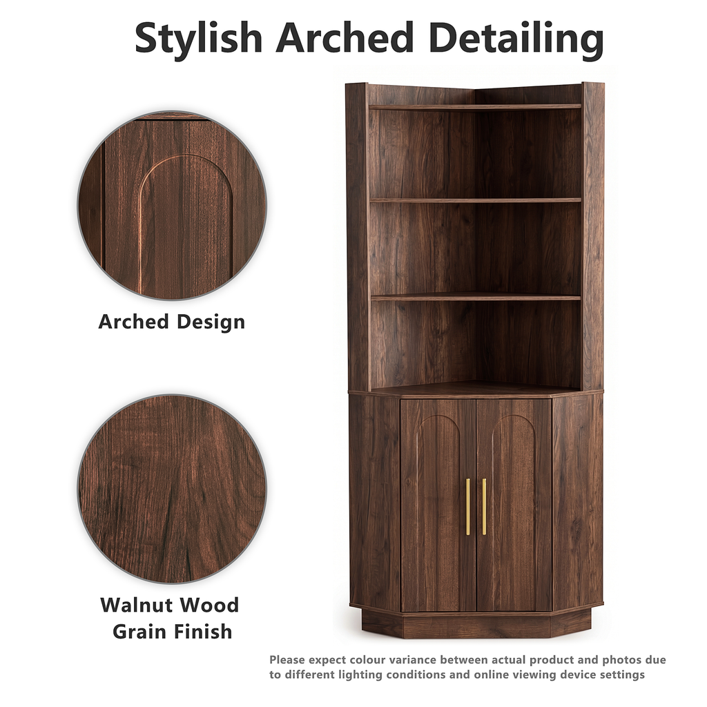 Wetalus 71" Corner Cabinet with Storage, Mid Century Modern, Arched Doors, Walnut