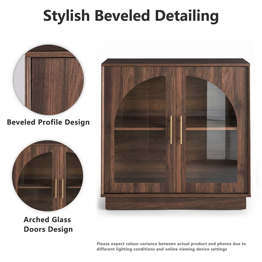 Wetalus 31.5" Sideboard Buffet Cabinet with Arched Glass Doors, Adjustable Divider set 2, Walnut
