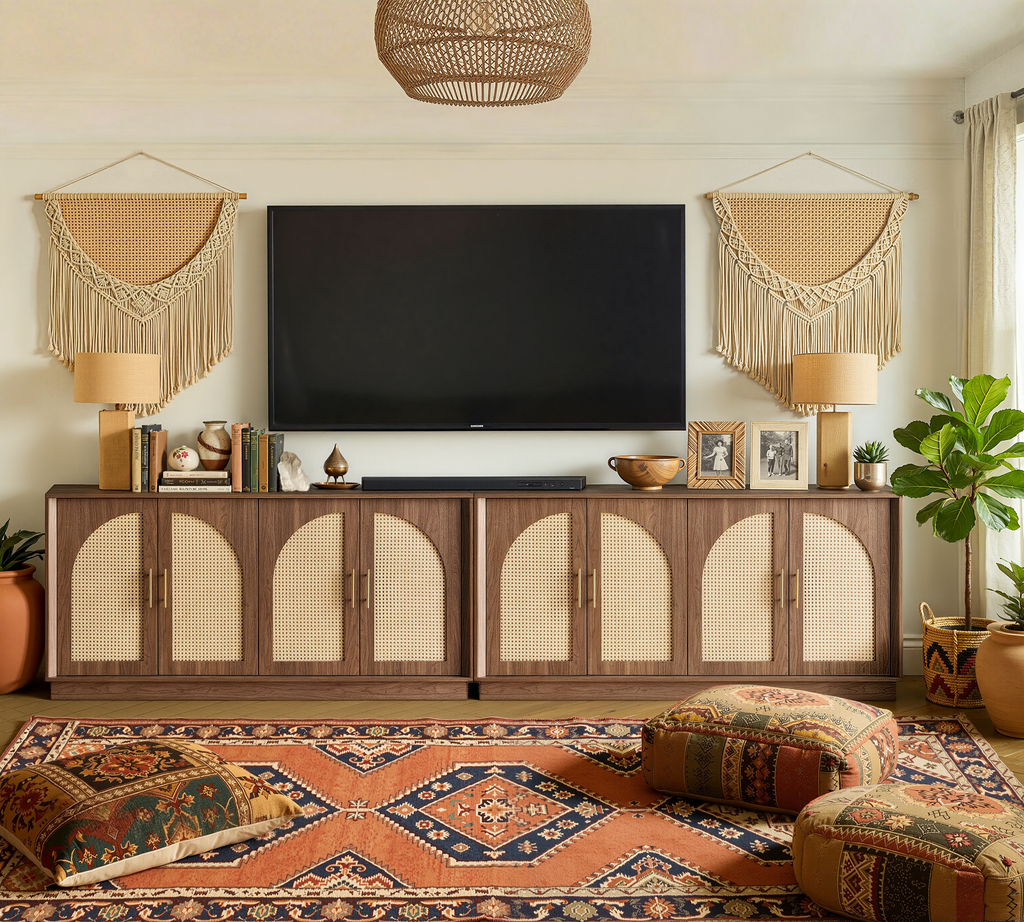 63" 4 Rattan Sideboard - Walnut Natural for Dining Room & Living Room