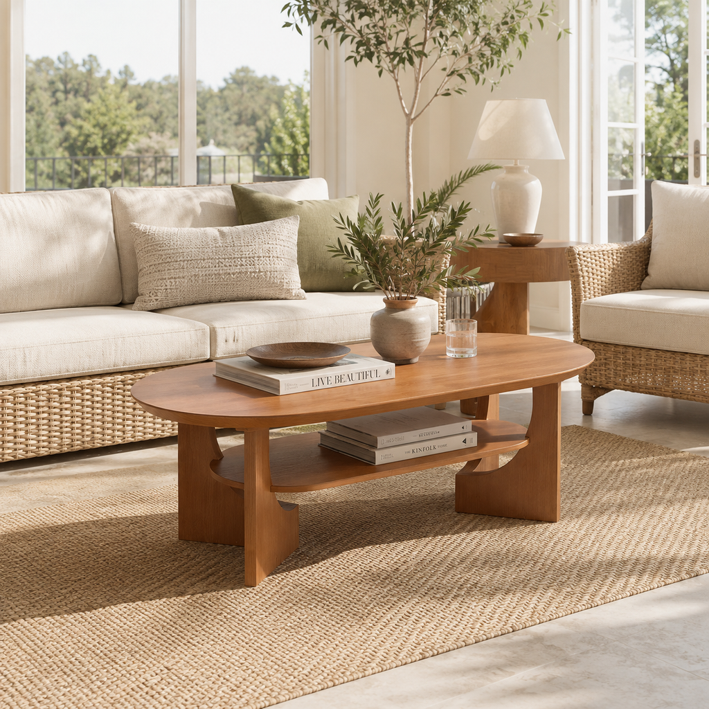 Wetalus 47" Mid Century Coffee Table Oval 2-Tier,Cherry
