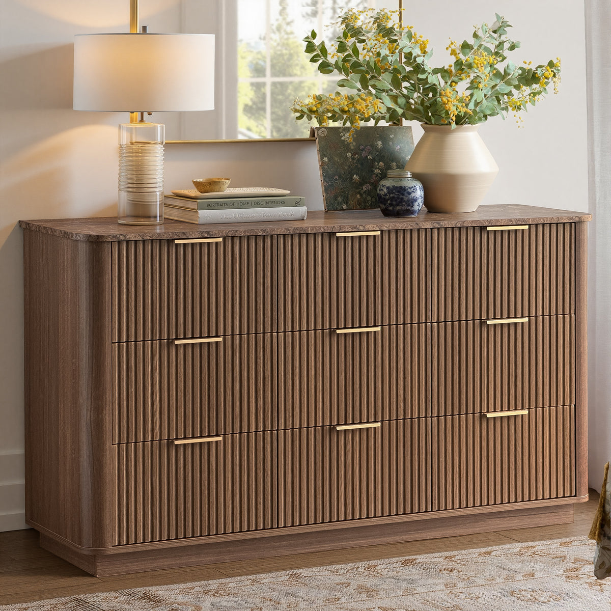 Wetalus 55.1" Mid Century Modern 9 Drawer Dresser, Recessed Design,Walnut