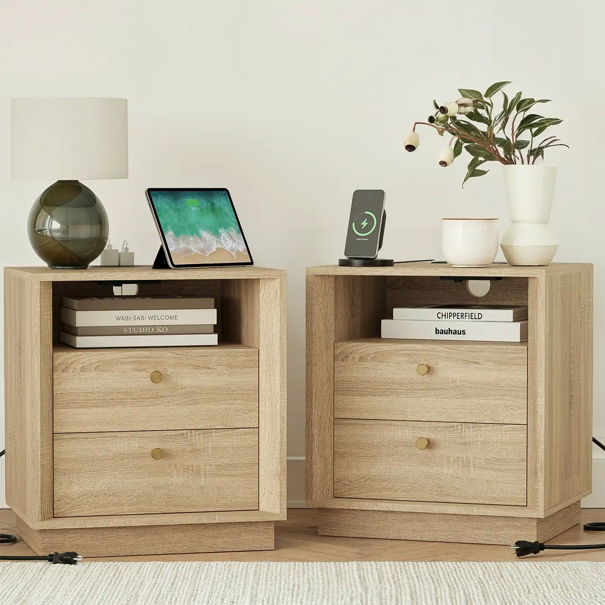 Mid-Century Modern White Oak Nightstand with Beveled