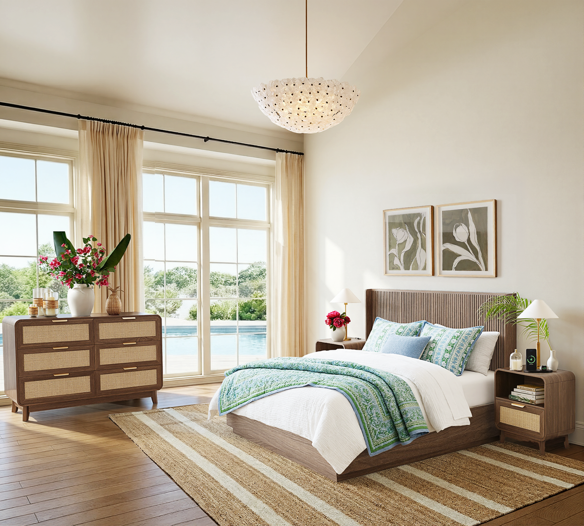 Walnut Rattan Nightstands, 2-Pack – Boho Bedside Tables with Drawer