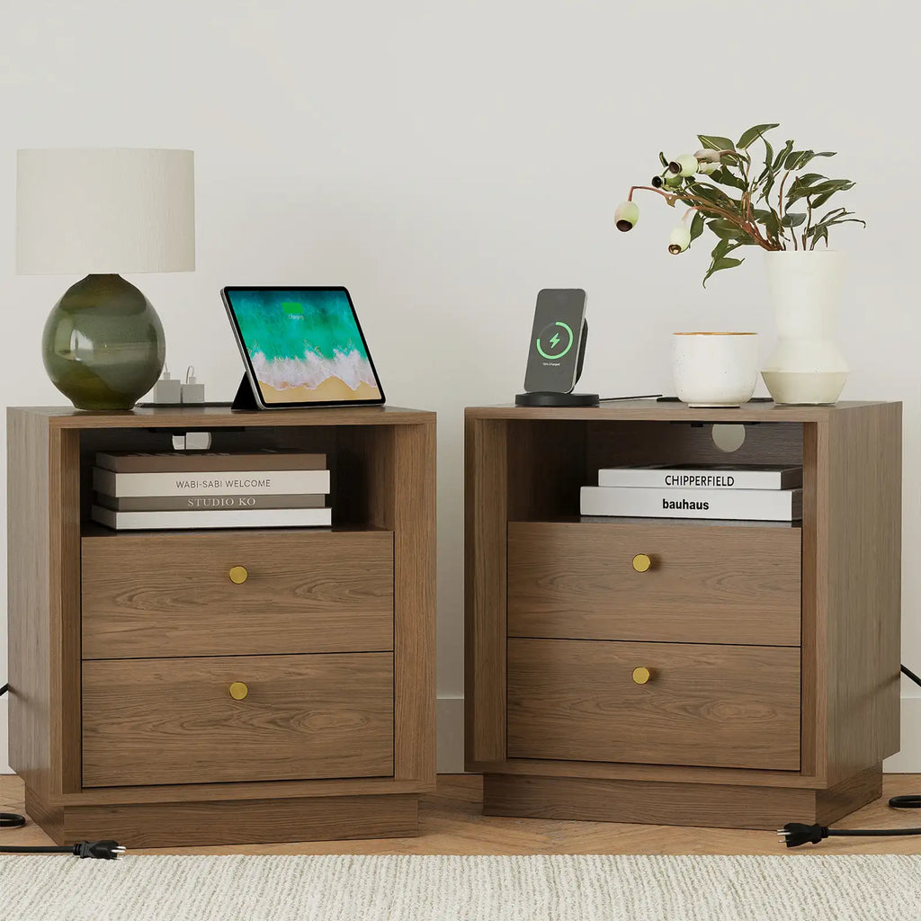 Mid-Century Modern Walnut Wood Nightstand with Beveled set 2