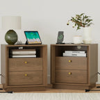 Mid-Century Modern Walnut Wood Nightstand with Beveled set 2