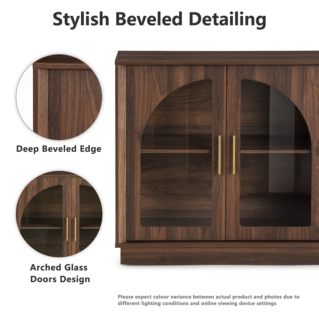 Wetalus 64.1" Sideboard Buffet Cabinet with Arched Glass Doors,1 Adjustable Divider, Walnut