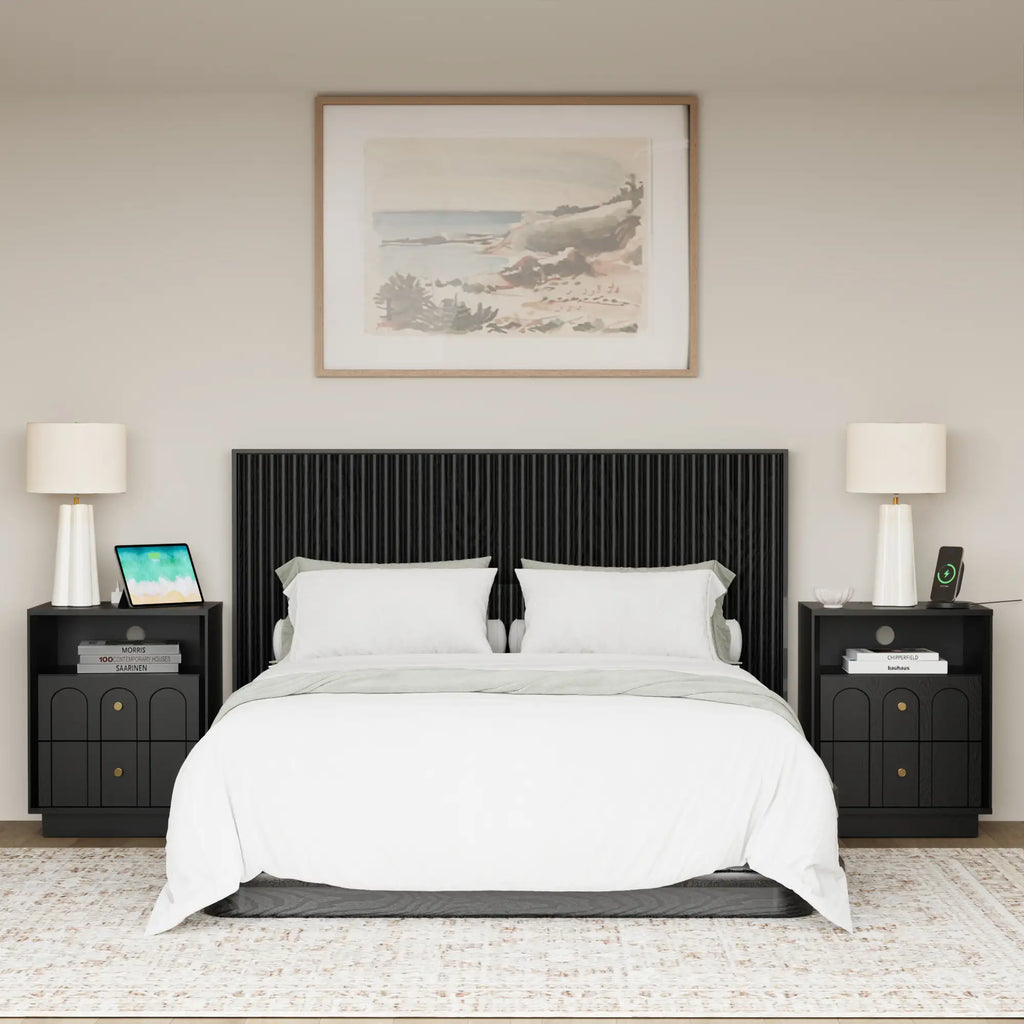 Wetalus Mid-Century Black Wood Arch Nightstand with Drawers