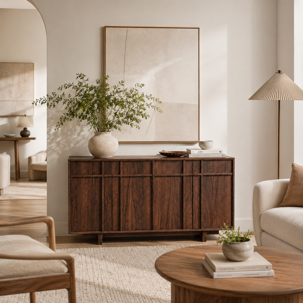 Wetalus 63" Mid Century Modern Sideboard Buffet Cabinet with Storage, Skeleton Line, Walnut