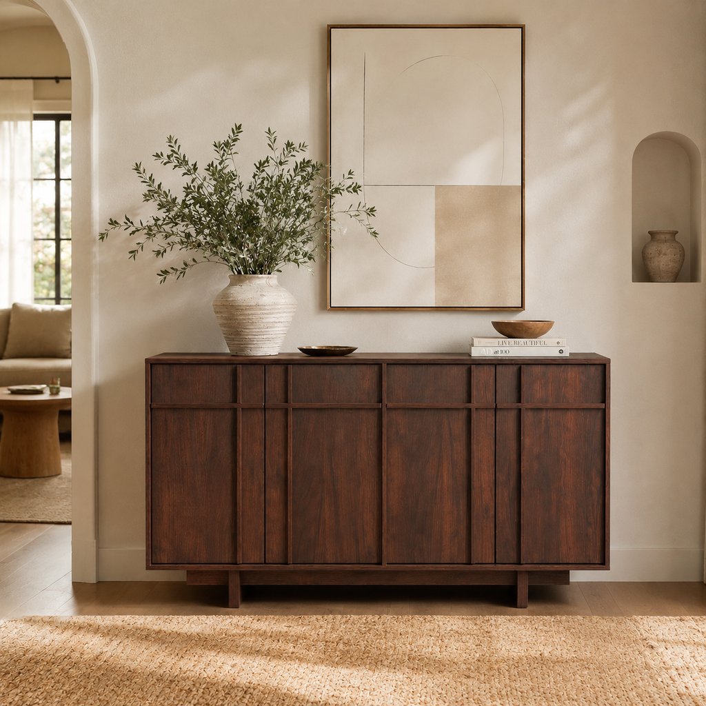Wetalus 63" Mid Century Modern Sideboard Buffet Cabinet with Storage, Skeleton Line, Walnut
