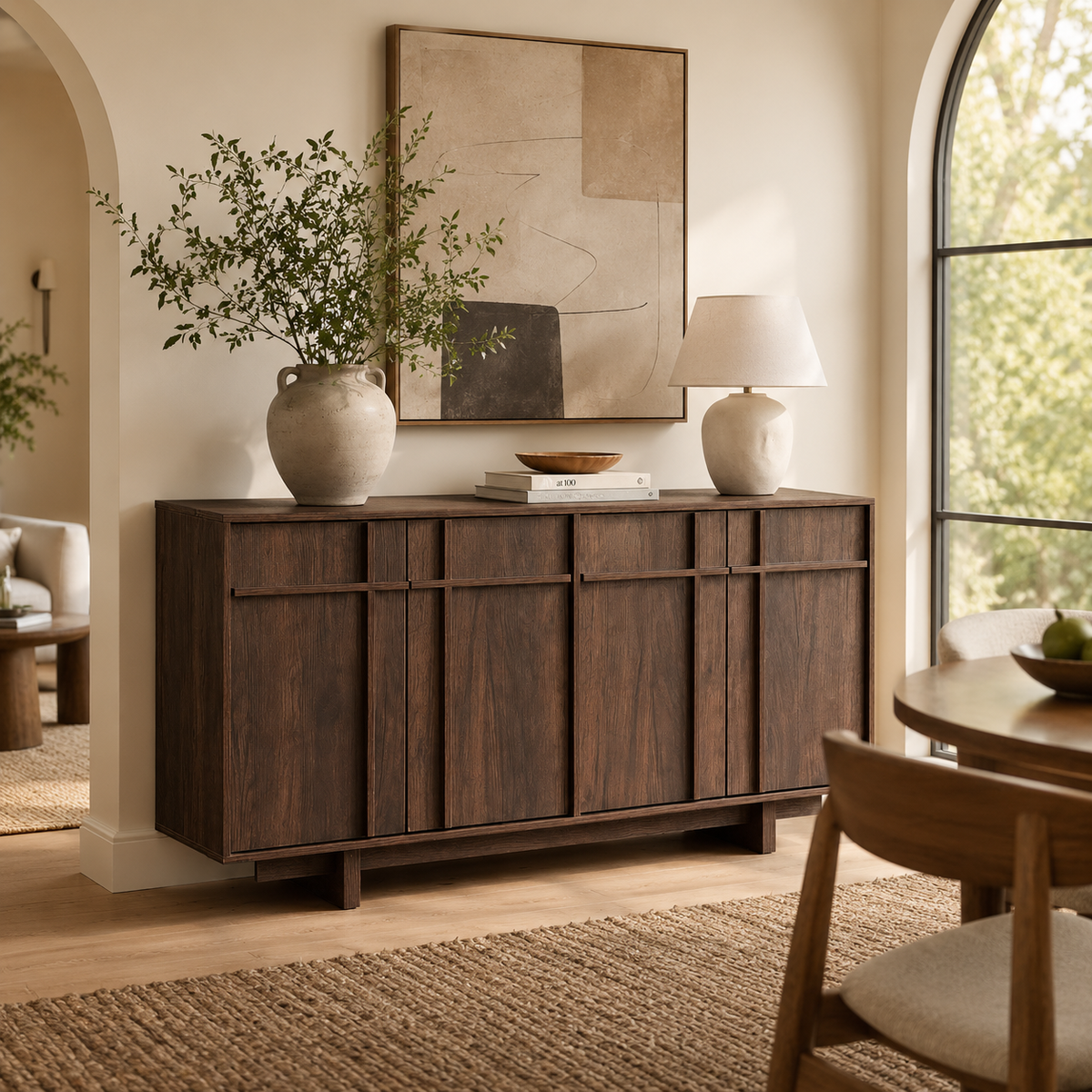 Wetalus 63" Mid Century Modern Sideboard Buffet Cabinet with Storage, Skeleton Line, Walnut