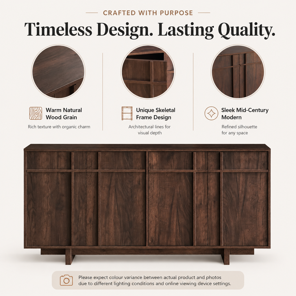 Wetalus 63" Mid Century Modern Sideboard Buffet Cabinet with Storage, Skeleton Line, Walnut