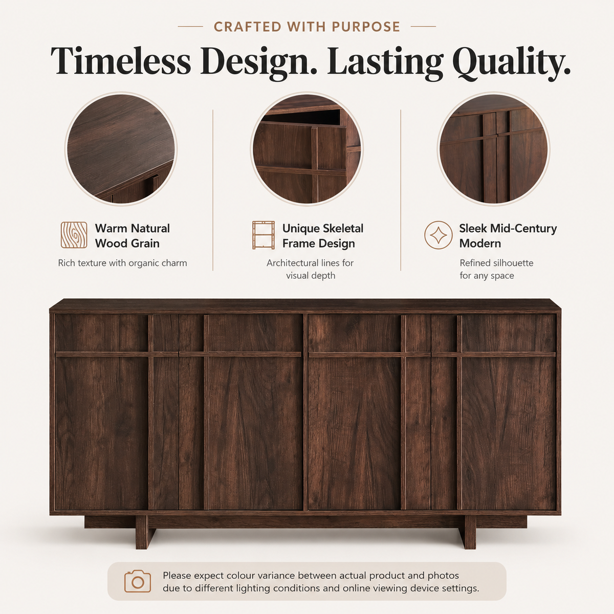 Wetalus 63" Mid Century Modern Sideboard Buffet Cabinet with Storage, Skeleton Line, Walnut
