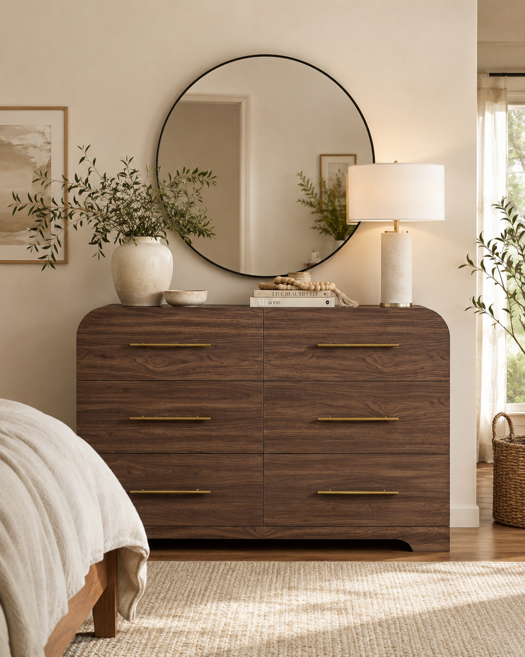 Wetalus 47.2" Mid Century Modern 6 Drawer Dresser, Curved side,Walnut