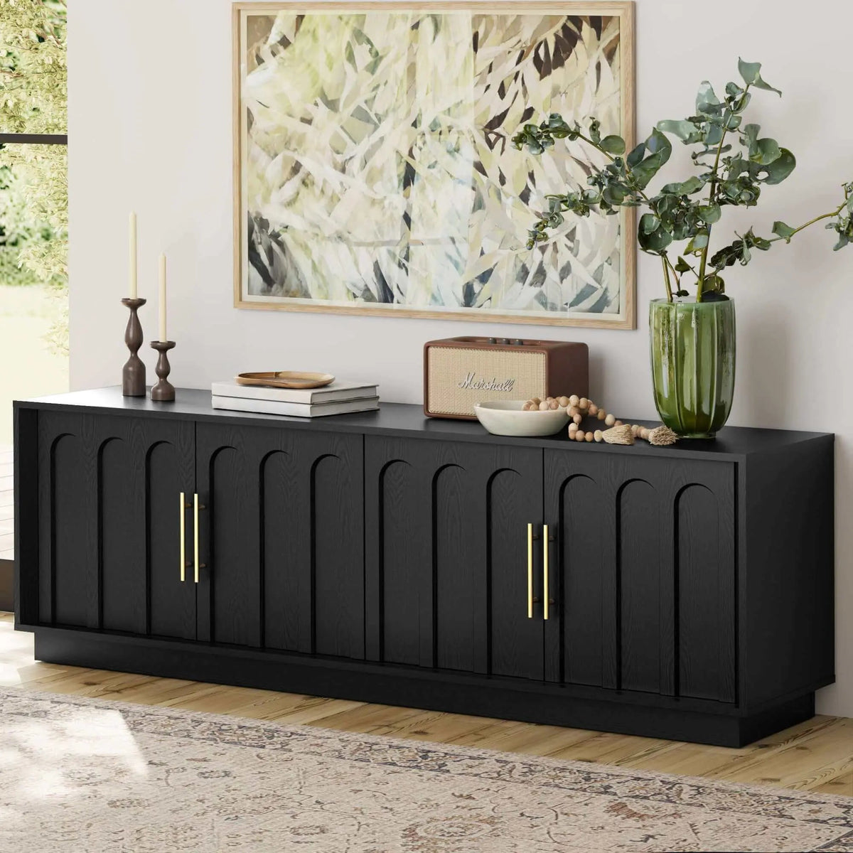 FORTUNETECBlack Wood Arched TV Stand, Mid - Century Modern Design