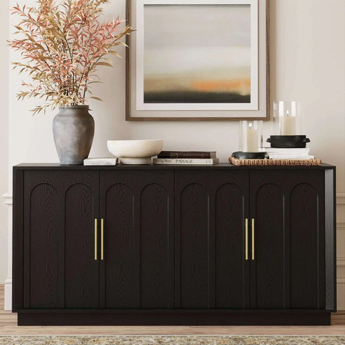 FORTUNETECMid - Century Modern 4 - Door Arched Sideboard in Black Wood