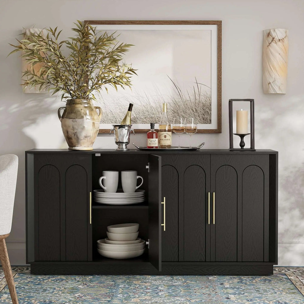 FORTUNETECMid - Century Modern 4 - Door Arched Sideboard in Black Wood