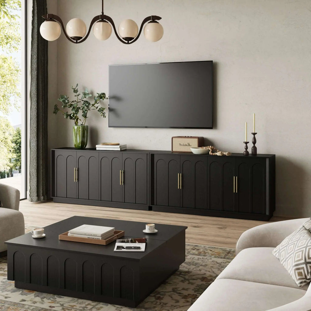 FORTUNETECMid - Century Modern 4 - Door Arched Sideboard in Black Wood