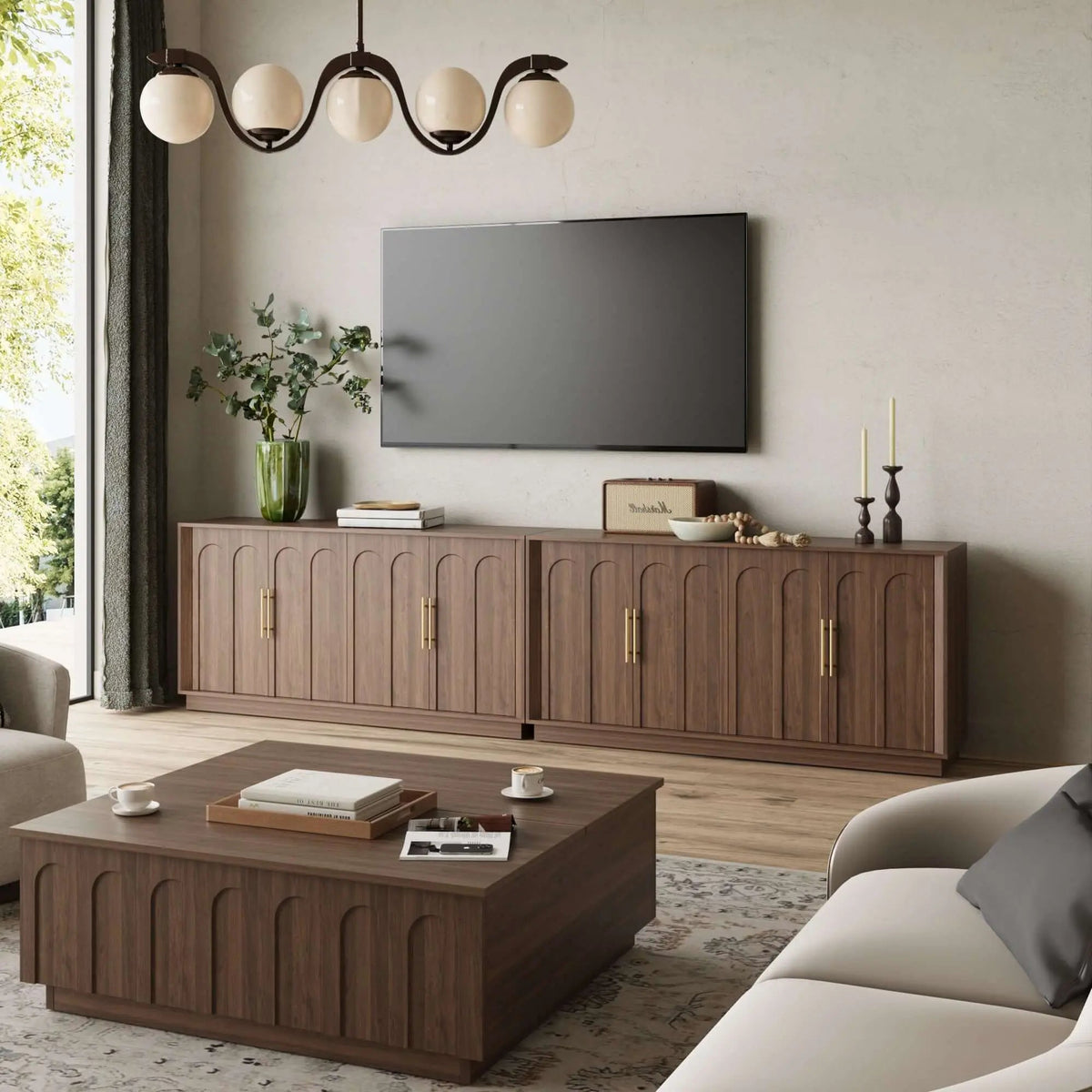 FORTUNETECMid - Century Modern 4 - Door Arched Sideboard in Walnut Wood