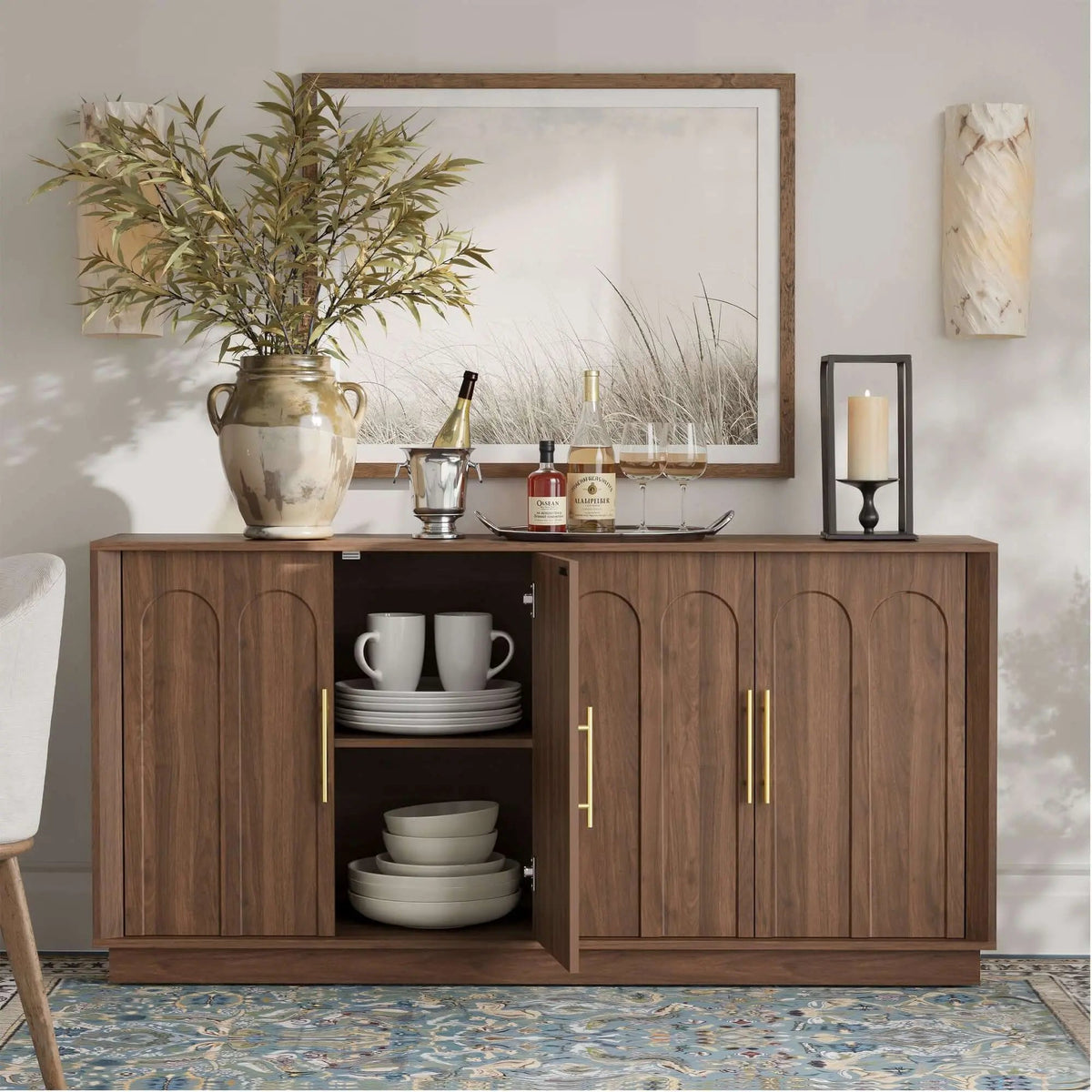 FORTUNETECMid - Century Modern 4 - Door Arched Sideboard in Walnut Wood