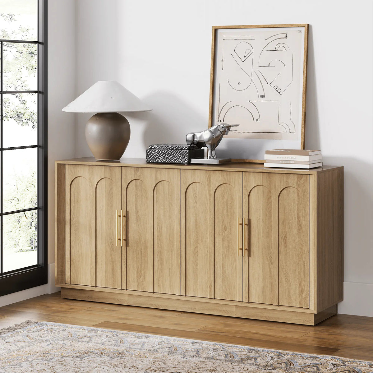 FORTUNETECMid - Century Modern 4 - Door Arched Sideboard in White Oak Wood
