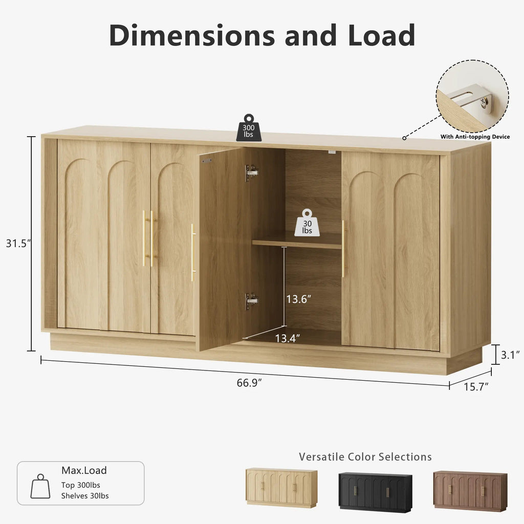 FORTUNETECMid - Century Modern 4 - Door Arched Sideboard in White Oak Wood