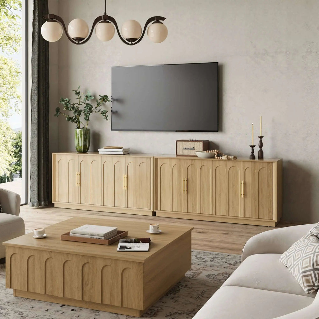 FORTUNETECMid - Century Modern 4 - Door Arched Sideboard in White Oak Wood