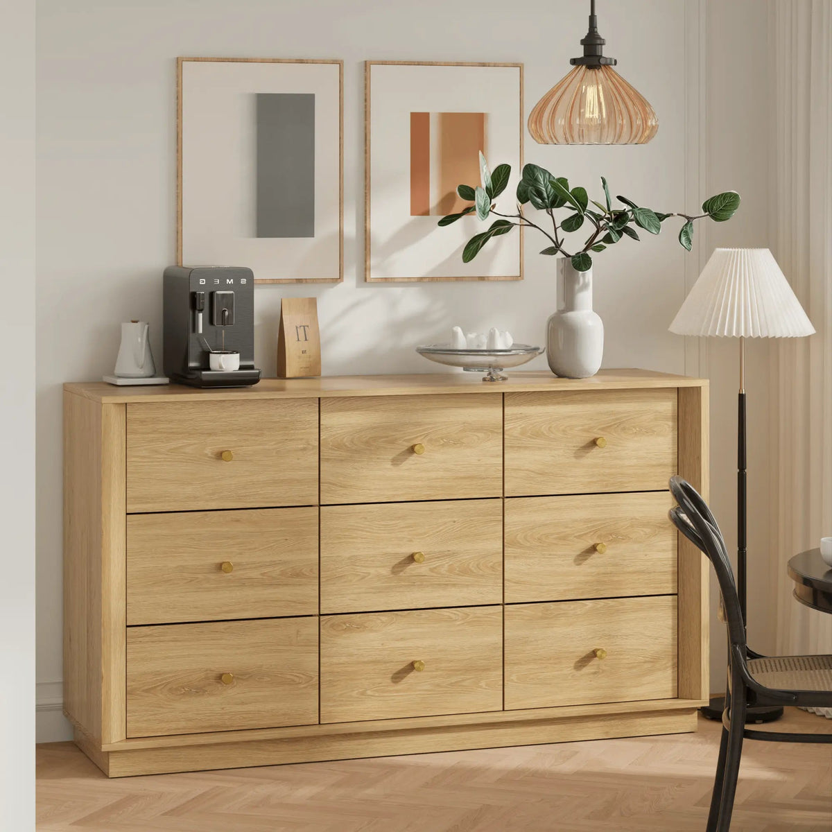 FORTUNETECMid - Century Modern 9 - Drawer Dresser in Oak – Wide Storage Chest for Bedroom & Living Room
