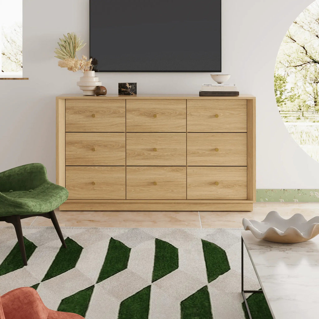 FORTUNETECMid - Century Modern 9 - Drawer Dresser in Oak – Wide Storage Chest for Bedroom & Living Room