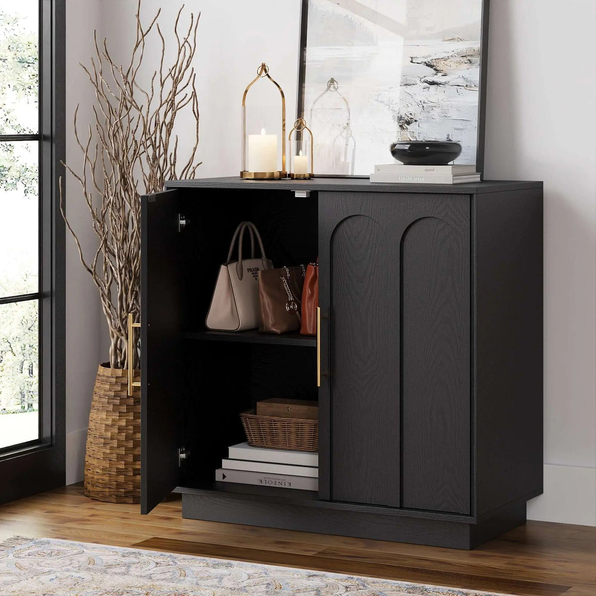 FORTUNETECModern Black Wood Sideboard Buffet Cabinet