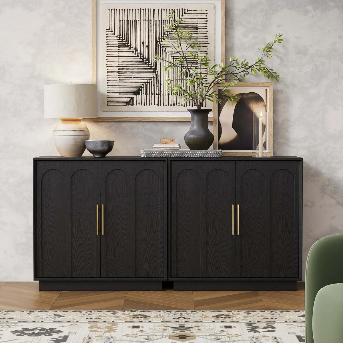 FORTUNETECModern Black Wood Sideboard Buffet Cabinet
